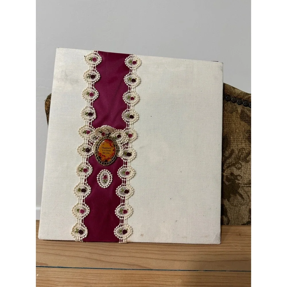 Vintage Cottagecore Padded Fabric Photo Album Lace & Burgundy Large Memory‎ Book